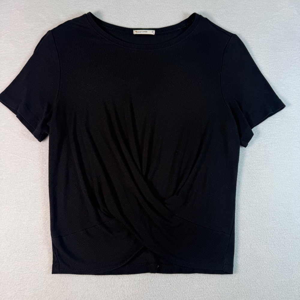Marine Layer Twist Front Top Womens Medium Black Ribbed Knit Coastal Basic Tee